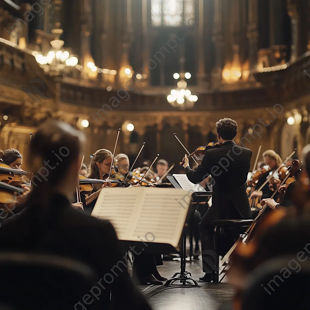 Conductor leading a symphonic orchestra in a grand hall. - Image 4