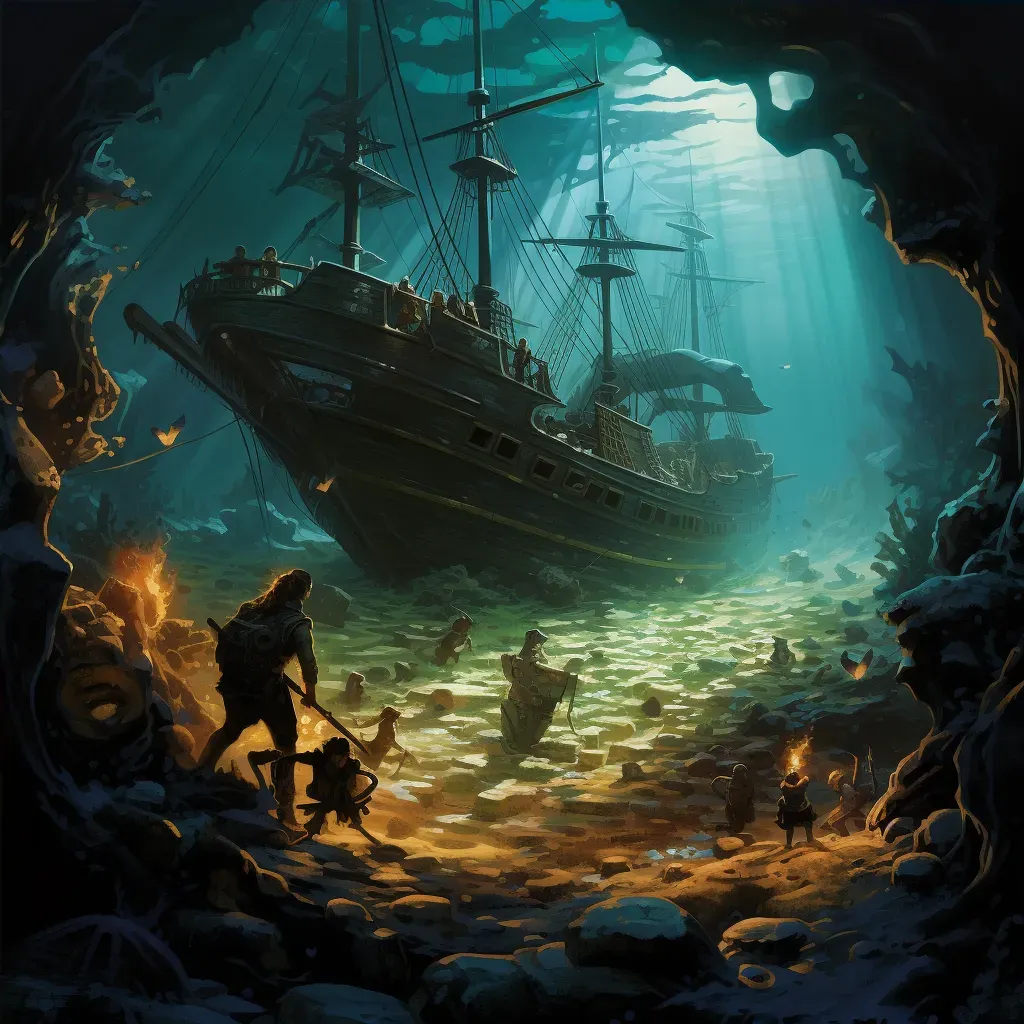 Sunken Ship Explored with Glowing Treasures