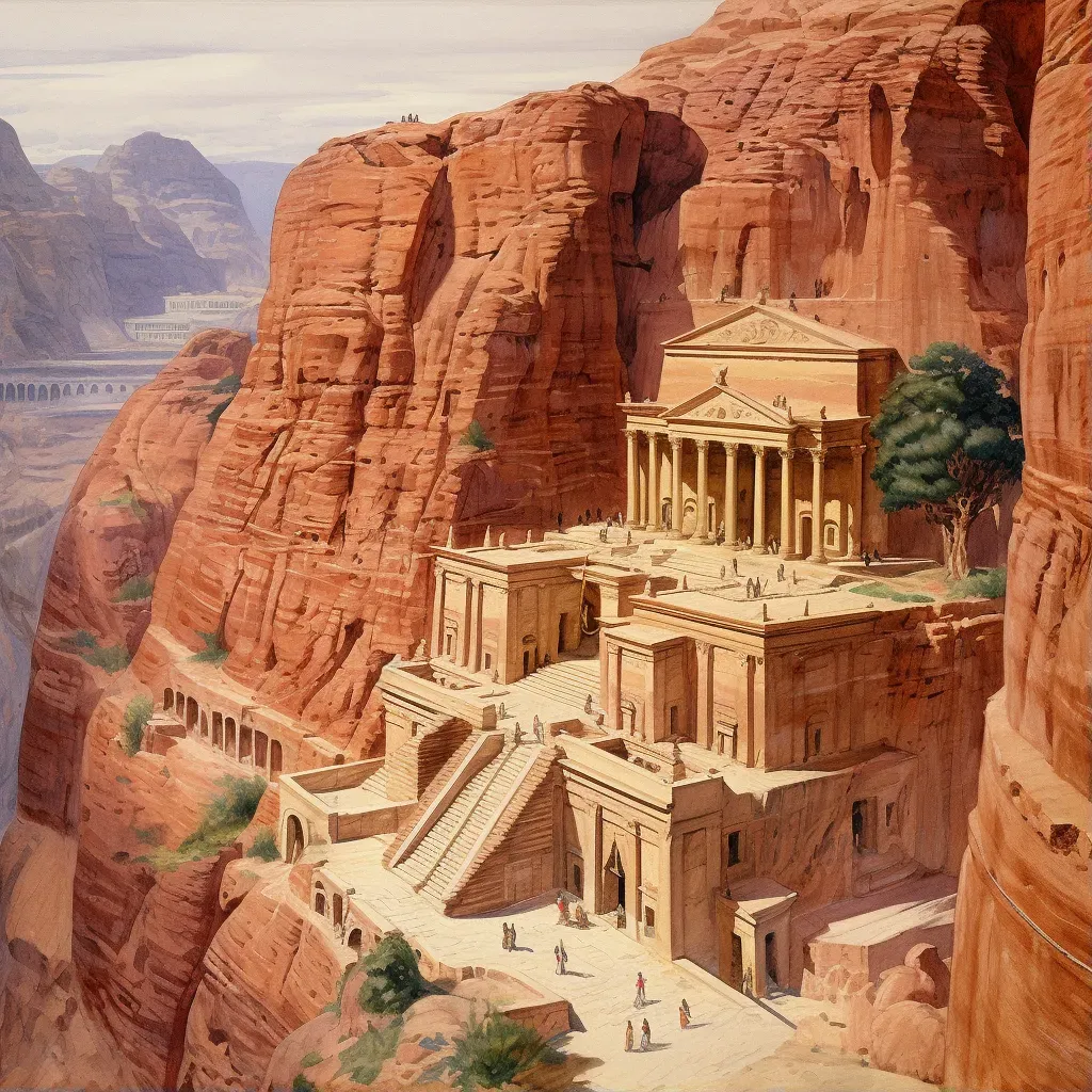 Aerial view of ancient Petra city with Treasury at the heart of rose-red cliffs - Image 1