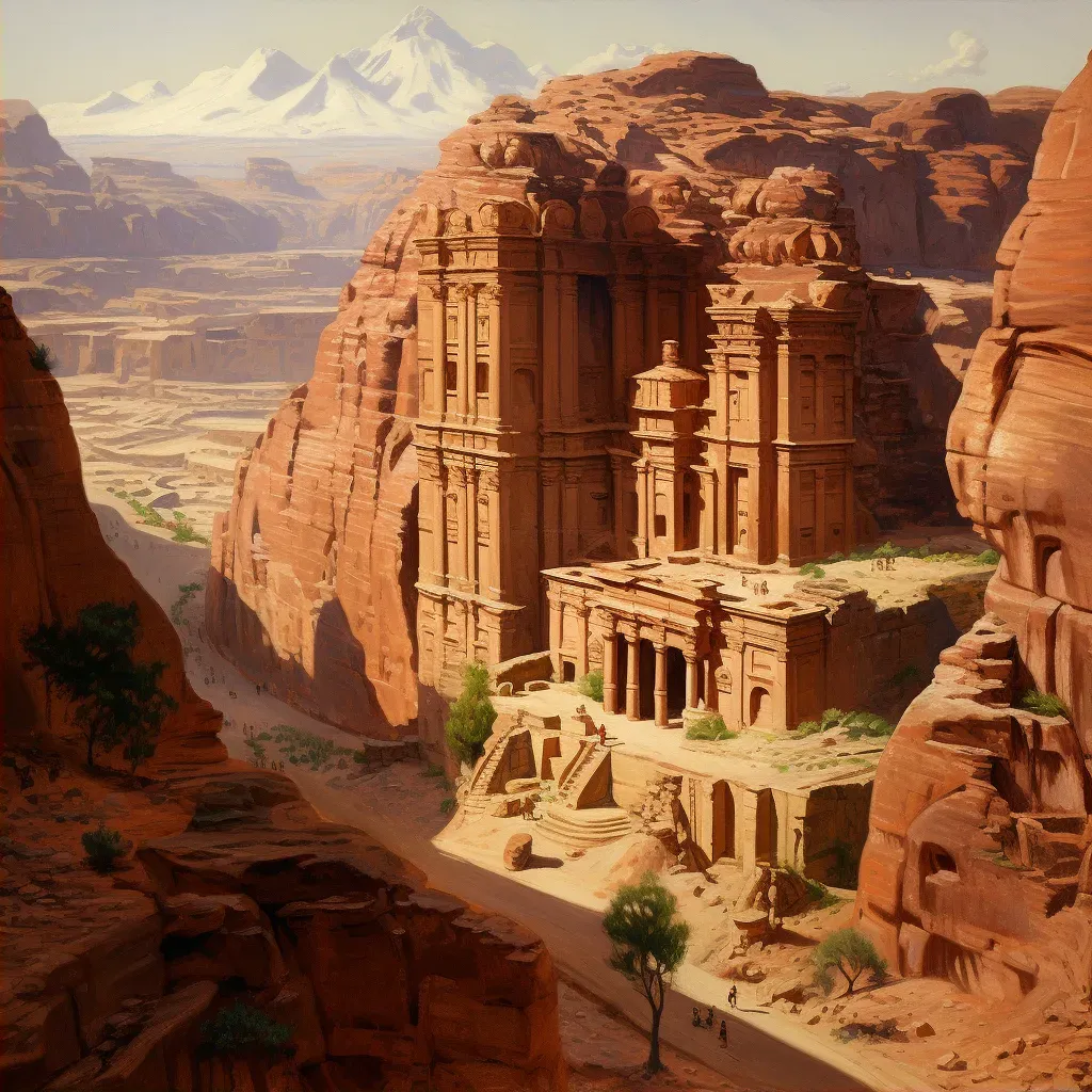 Aerial view of ancient Petra city with Treasury at the heart of rose-red cliffs - Image 2