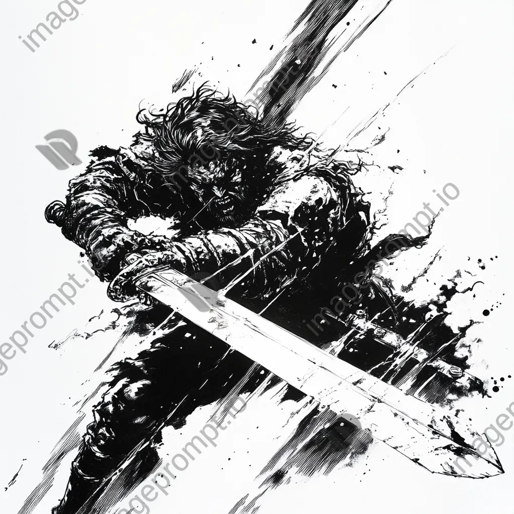 Artwork of a warrior mirrored in the blade of a detailed sword, using a high contrast ink technique - Image 1