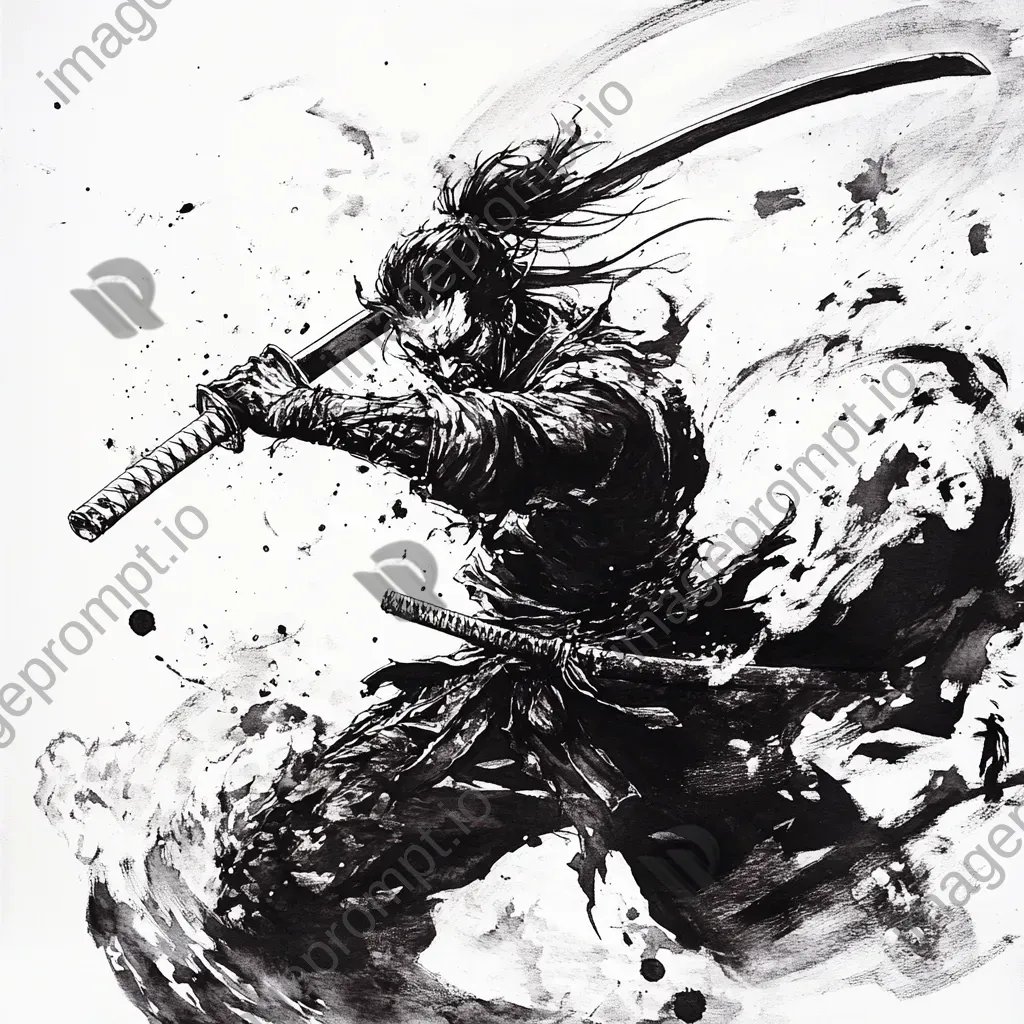 Artwork of a warrior mirrored in the blade of a detailed sword, using a high contrast ink technique - Image 2