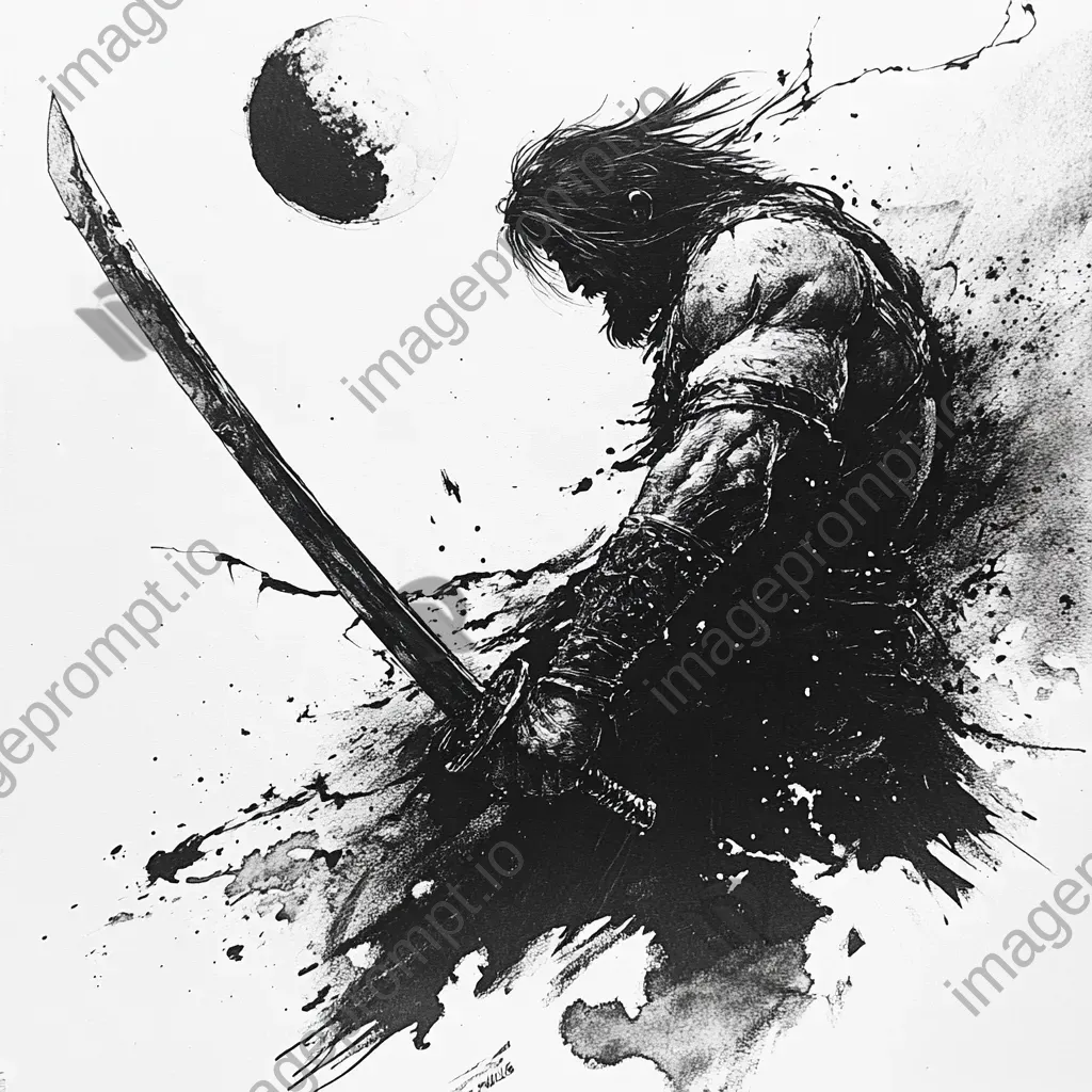 Artwork of a warrior mirrored in the blade of a detailed sword, using a high contrast ink technique - Image 4