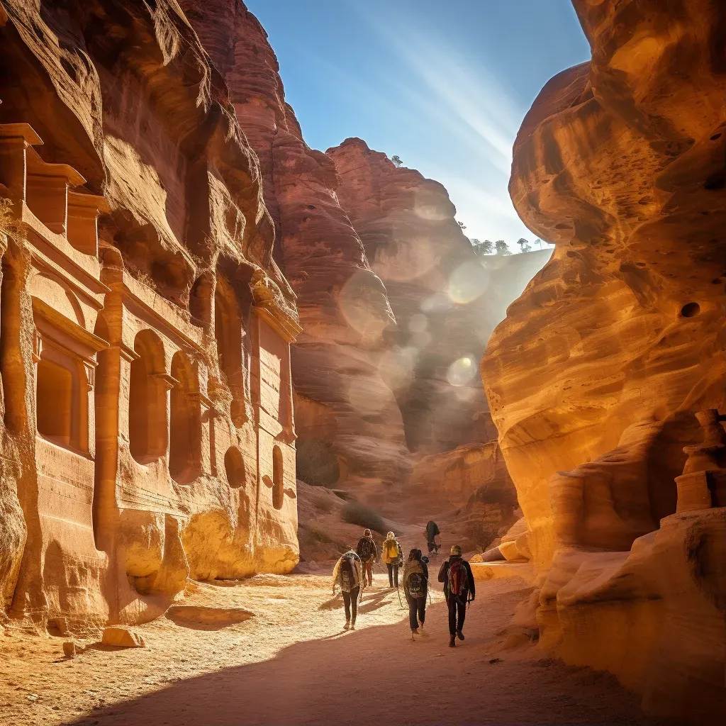 Petra ancient city with tourists on the trail under warm sunlight - Image 1