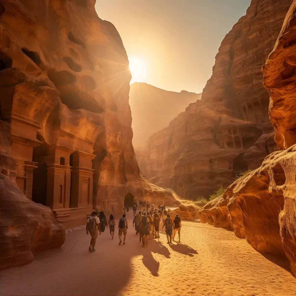 Petra ancient city with tourists on the trail under warm sunlight - Image 2