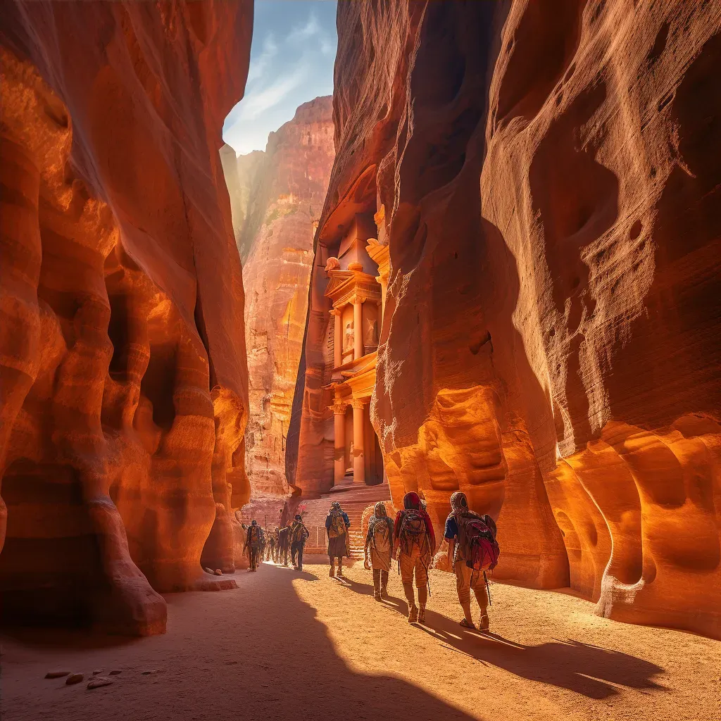 Petra ancient city with tourists on the trail under warm sunlight - Image 4