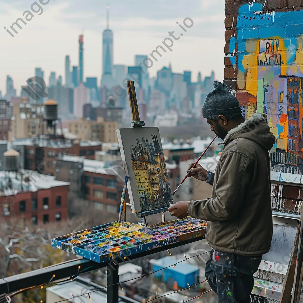 An artist painting from a rooftop with city skyline views - Image 1