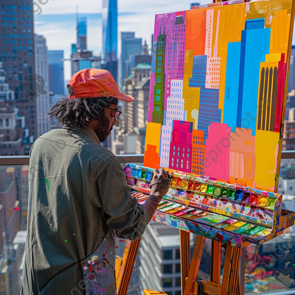 An artist painting from a rooftop with city skyline views - Image 2