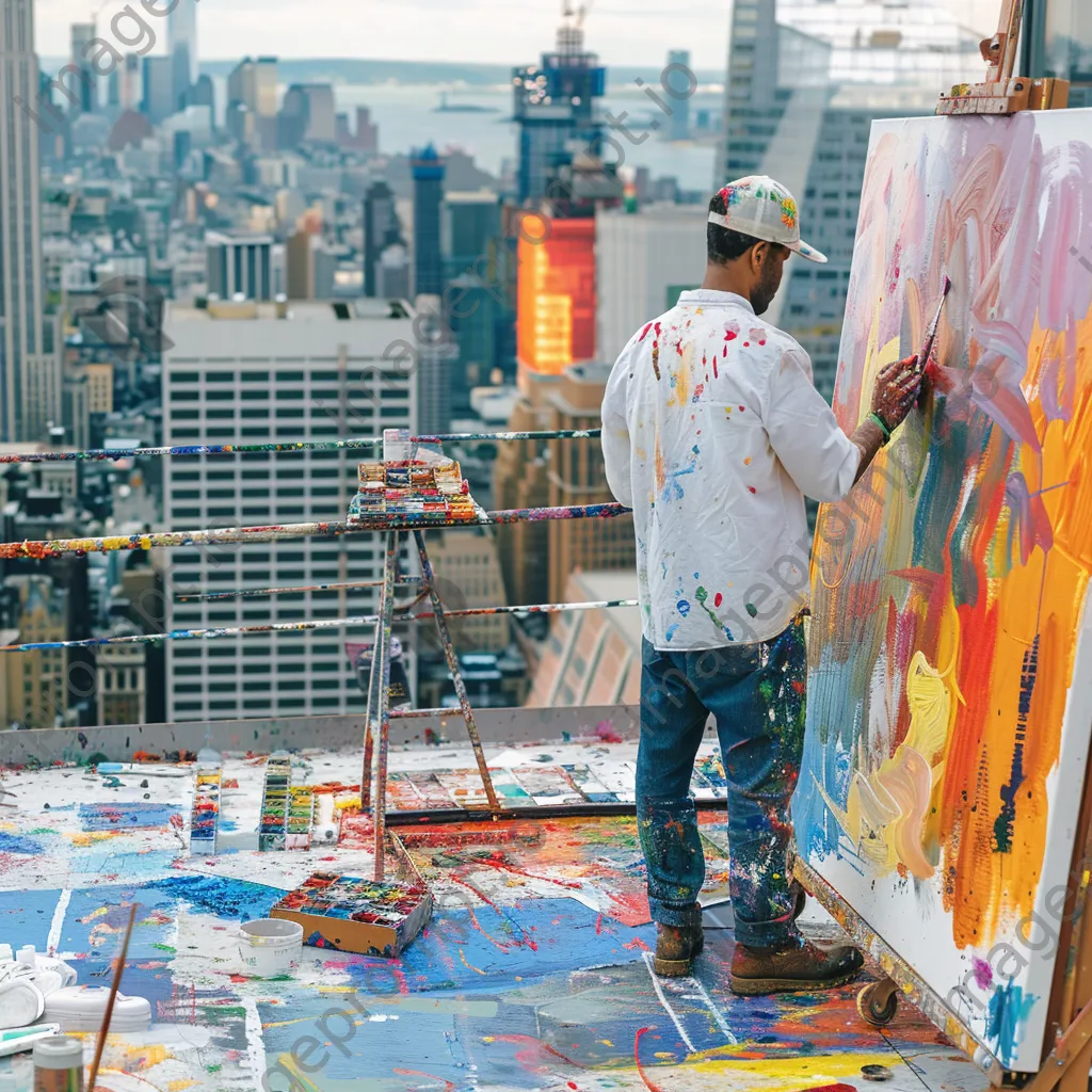 An artist painting from a rooftop with city skyline views - Image 3