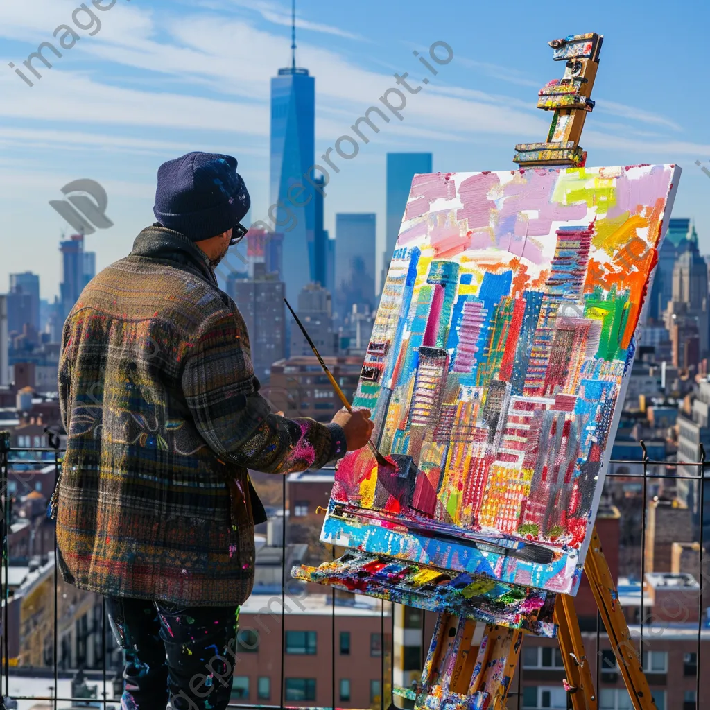 An artist painting from a rooftop with city skyline views - Image 4