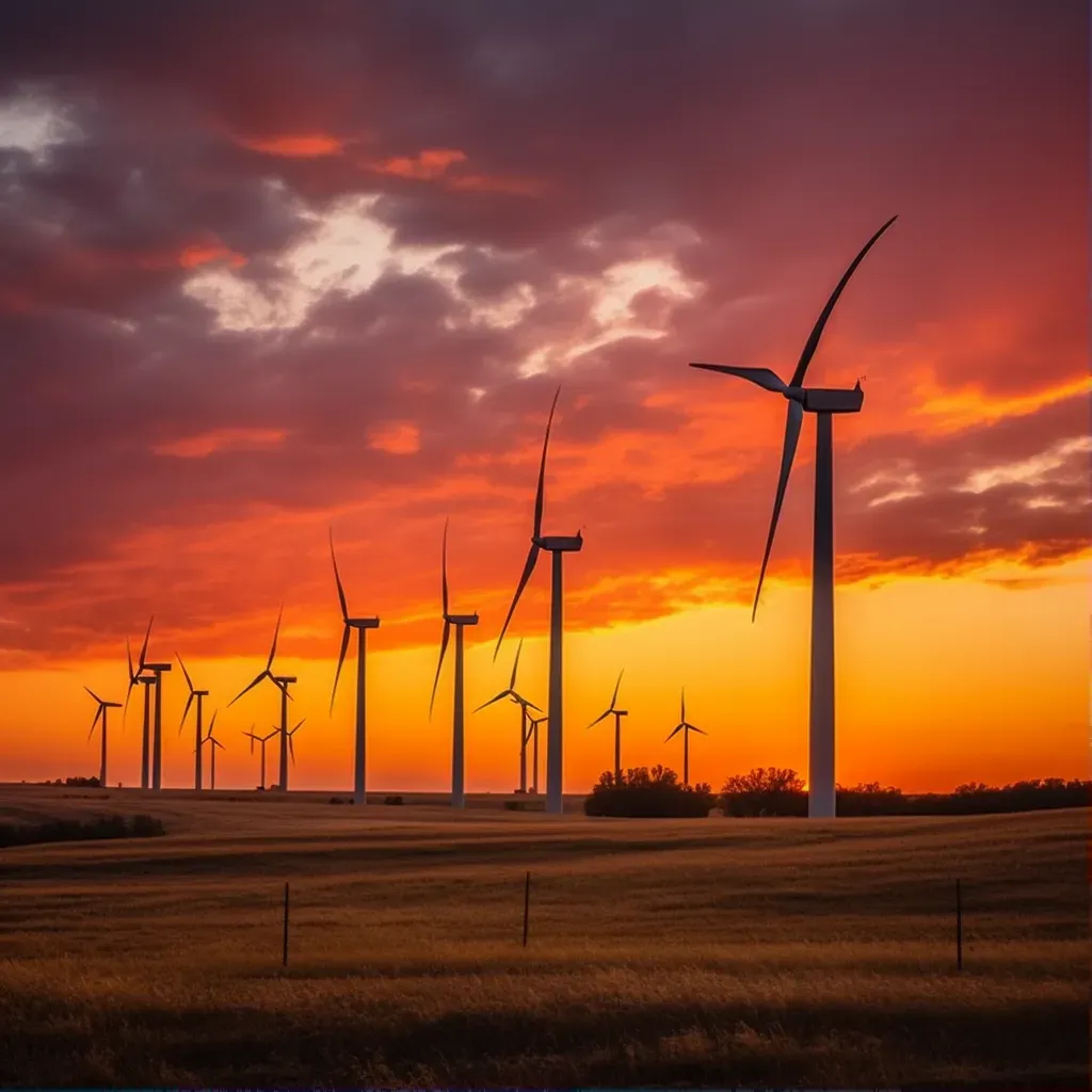 Wind farm turbines silhouetted against colorful sunset sky - Image 1