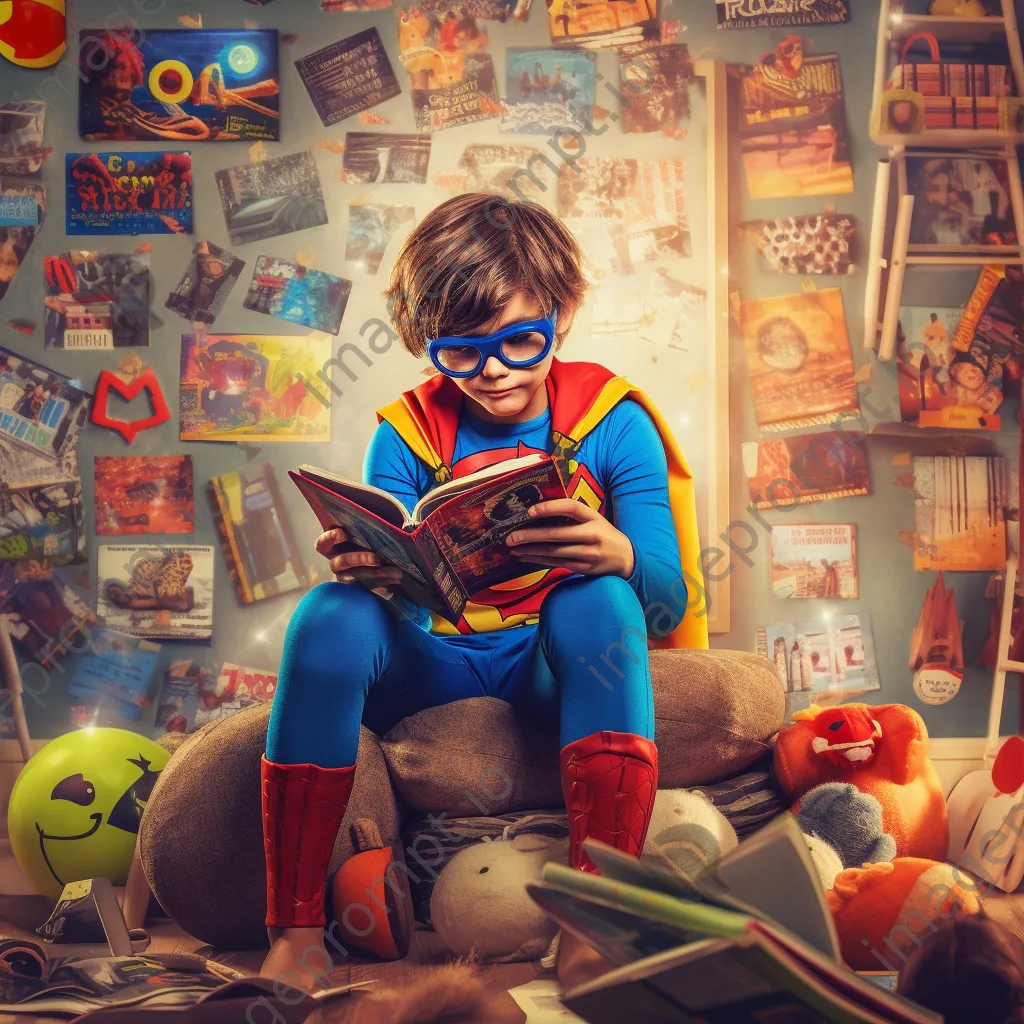 Child in superhero costume reading a book - Image 1