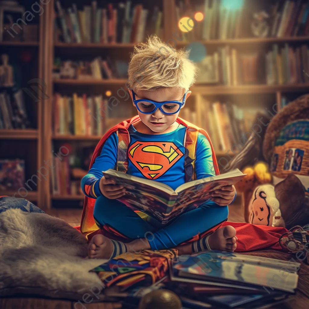 Child in superhero costume reading a book - Image 2