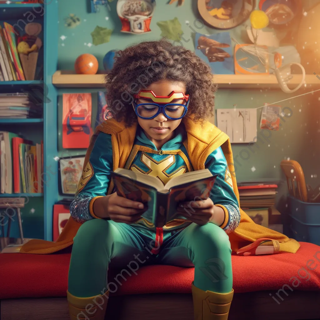 Child in superhero costume reading a book - Image 3