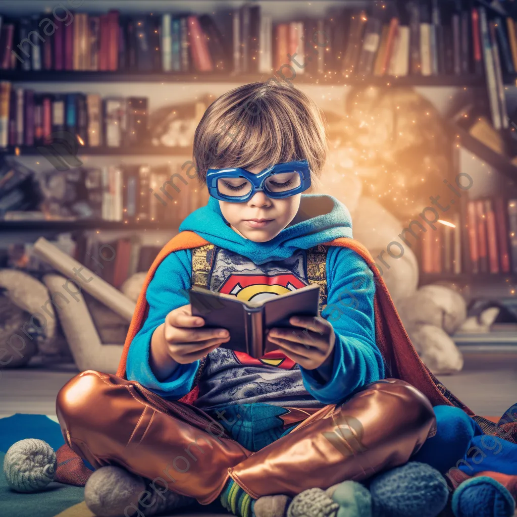 Child in superhero costume reading a book - Image 4