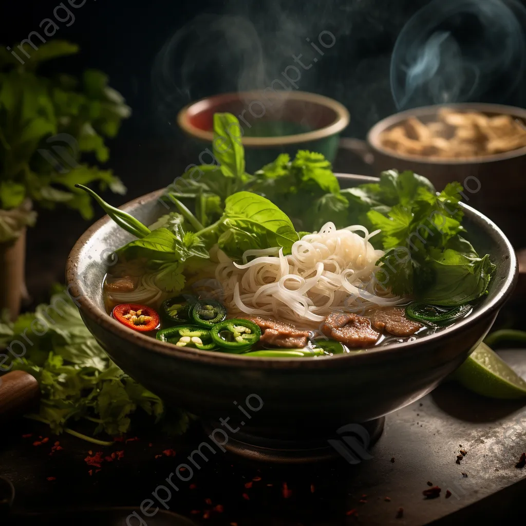 Bowl of Vietnamese pho with fresh herbs, lime, and jalapeños - Image 1