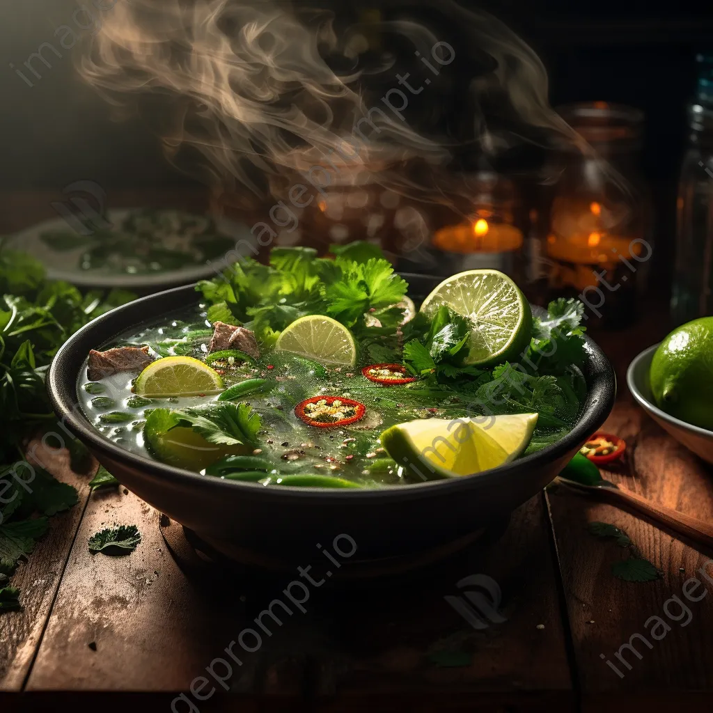 Bowl of Vietnamese pho with fresh herbs, lime, and jalapeños - Image 2