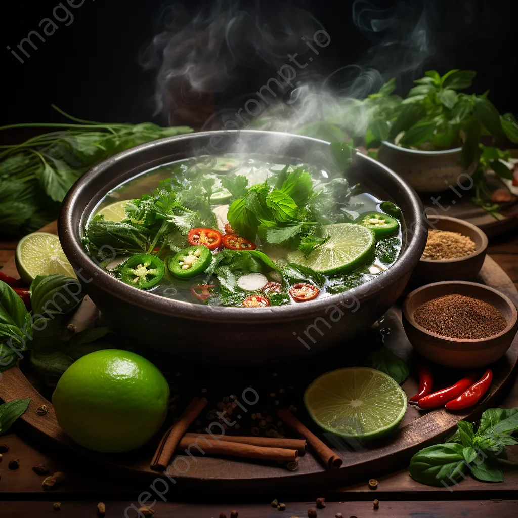 Bowl of Vietnamese pho with fresh herbs, lime, and jalapeños - Image 3