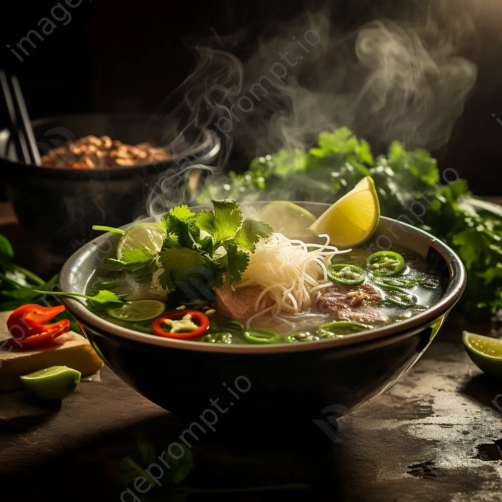 Bowl of Vietnamese pho with fresh herbs, lime, and jalapeños - Image 4