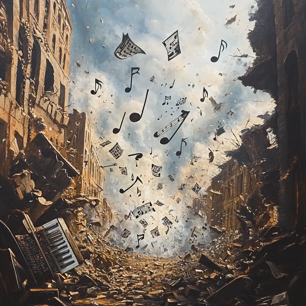 Surreal oil painting of peaceful musical notes floating amidst destruction of city - Image 1