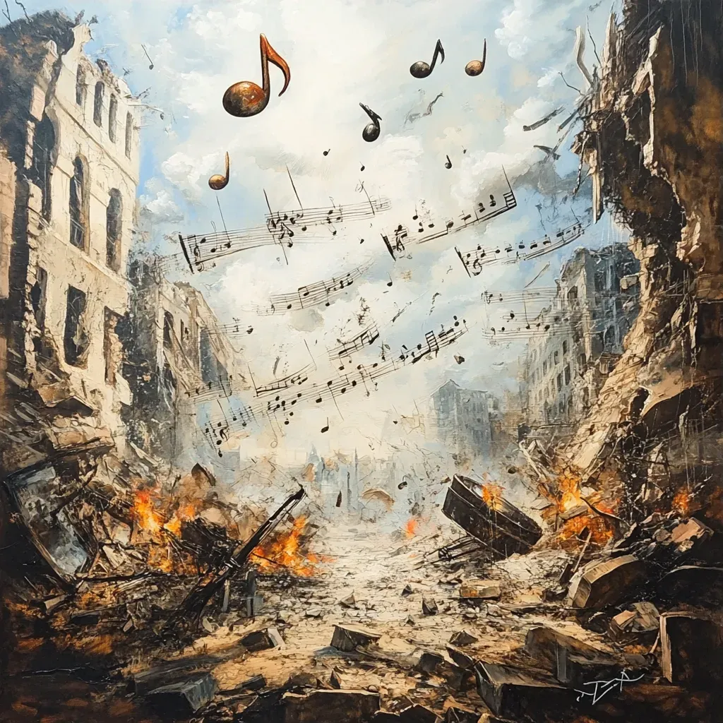 Surreal oil painting of peaceful musical notes floating amidst destruction of city - Image 3