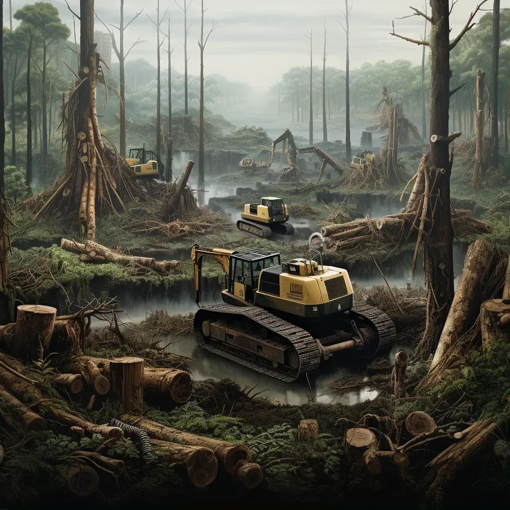 Image of a deforested land with tree stumps and machinery - Image 1