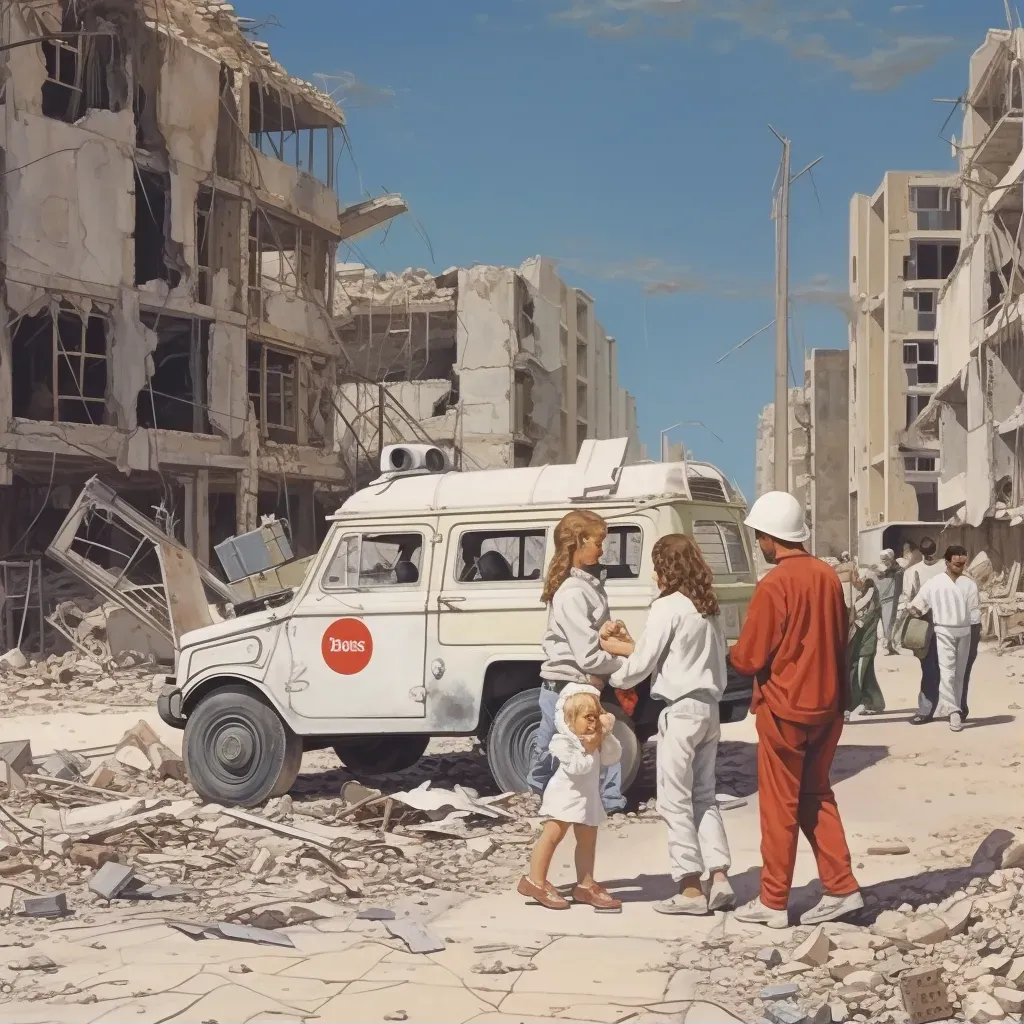 Image of a family in a war-torn city with a UN aid truck in the background - Image 1