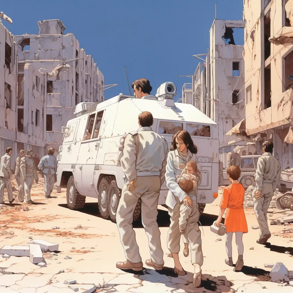 Image of a family in a war-torn city with a UN aid truck in the background - Image 2