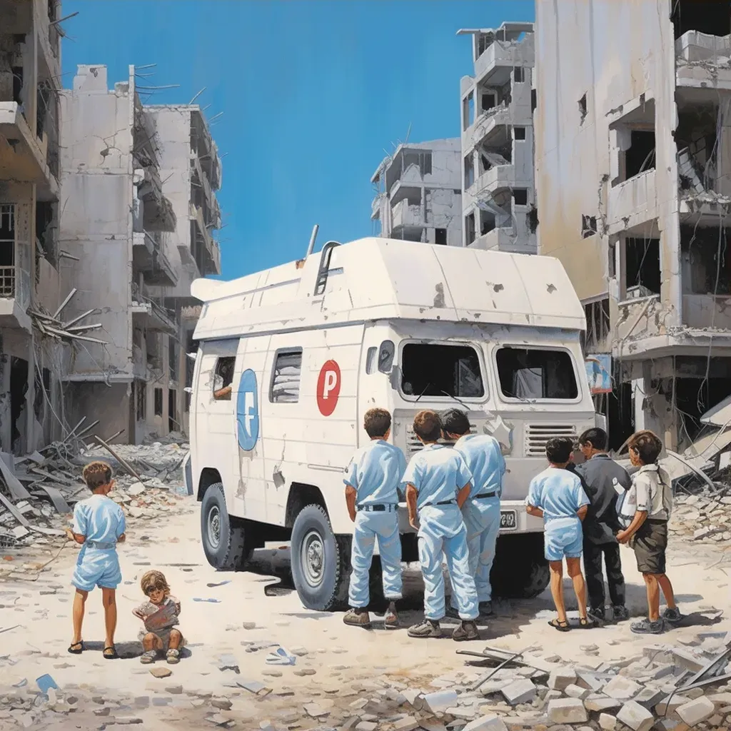 Image of a family in a war-torn city with a UN aid truck in the background - Image 3