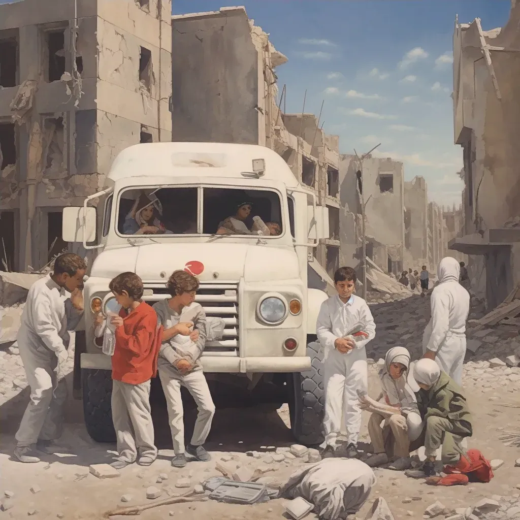 Image of a family in a war-torn city with a UN aid truck in the background - Image 4