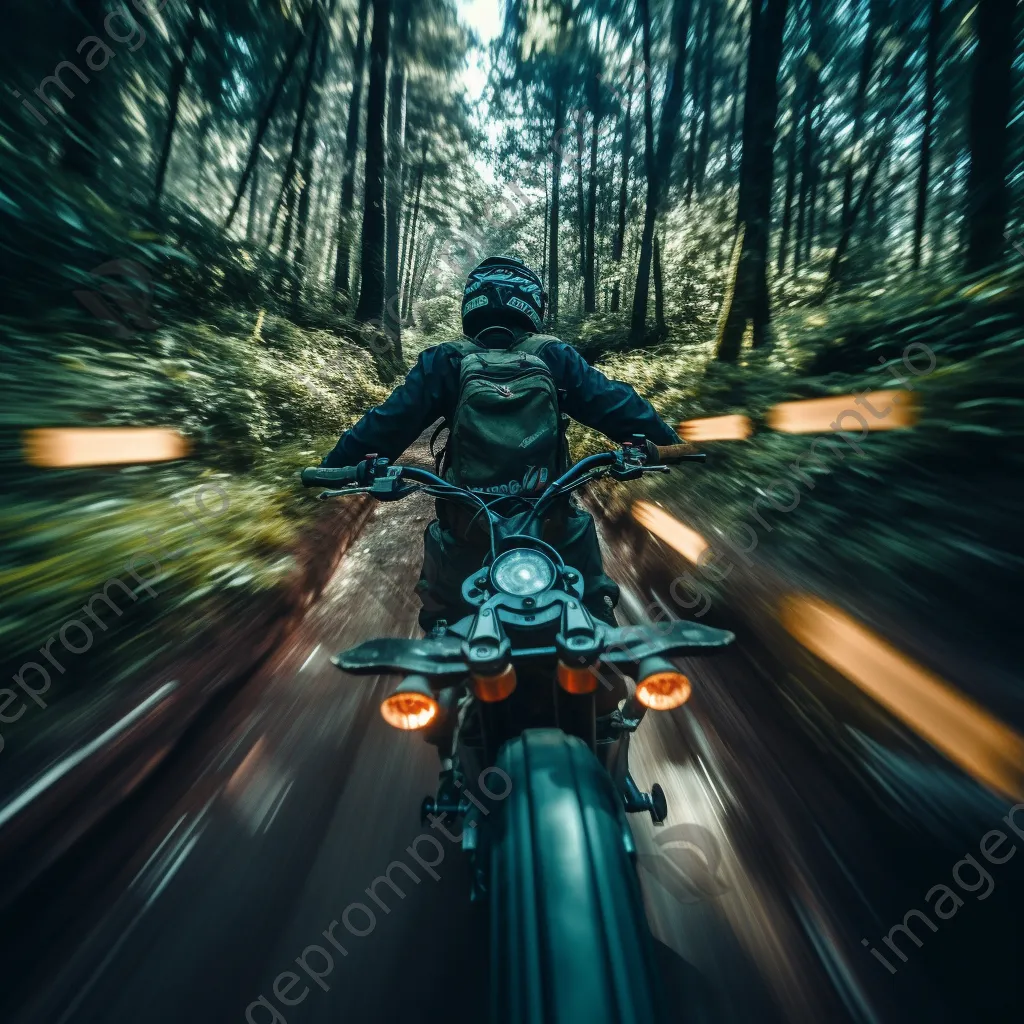 Motorcycle racing through a winding forest trail - Image 1