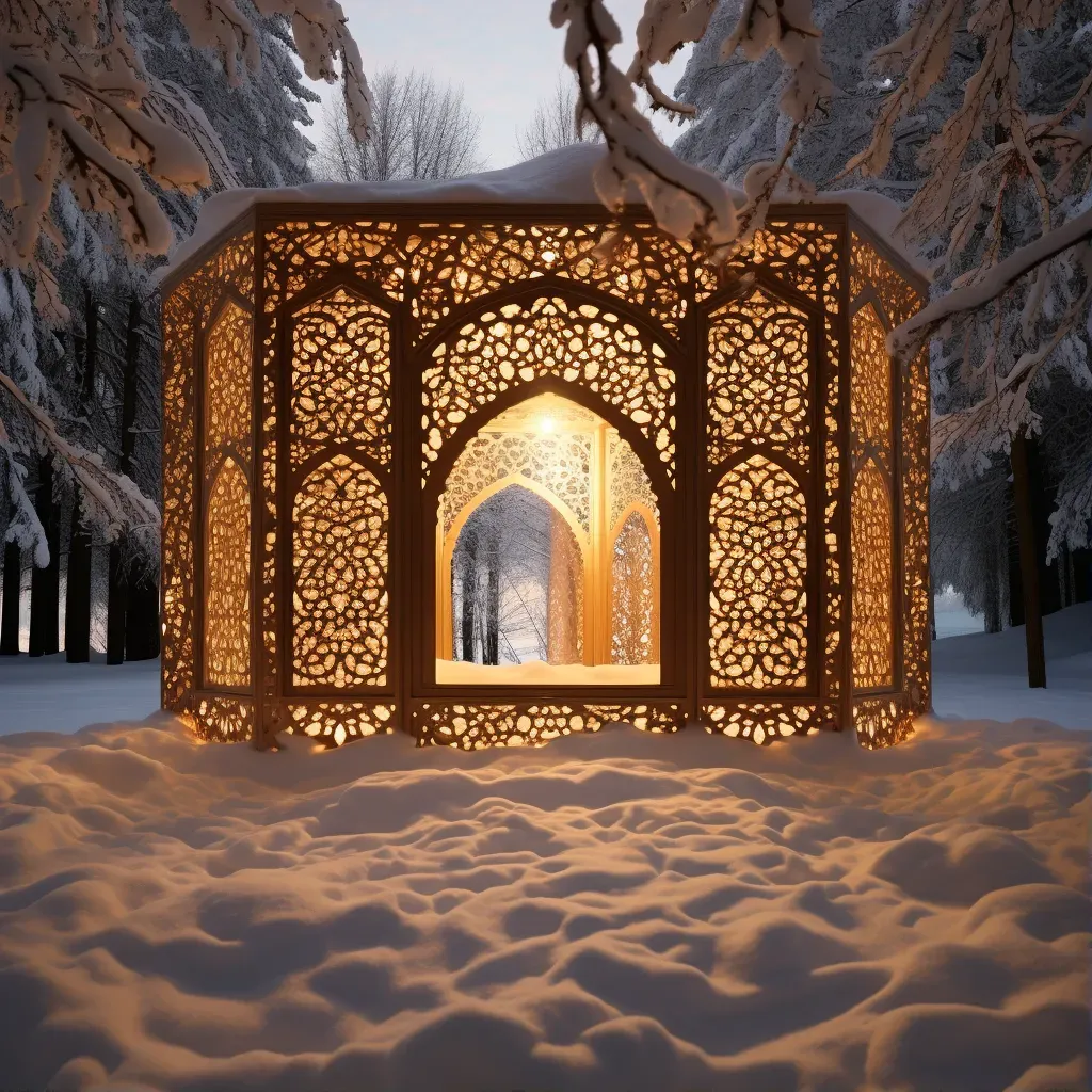 Small cabin emitting warm light in a snowy landscape - Image 1