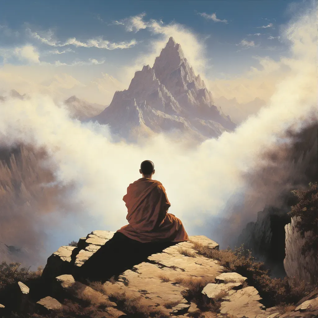 Young monk meditating on a mountaintop symbolizing inner wisdom - Image 1