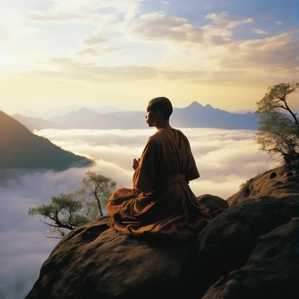 Young monk meditating on a mountaintop symbolizing inner wisdom - Image 3