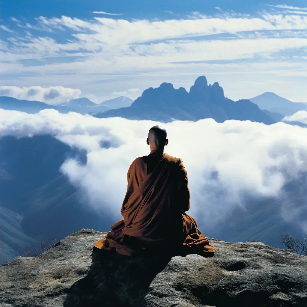 Young monk meditating on a mountaintop symbolizing inner wisdom - Image 4