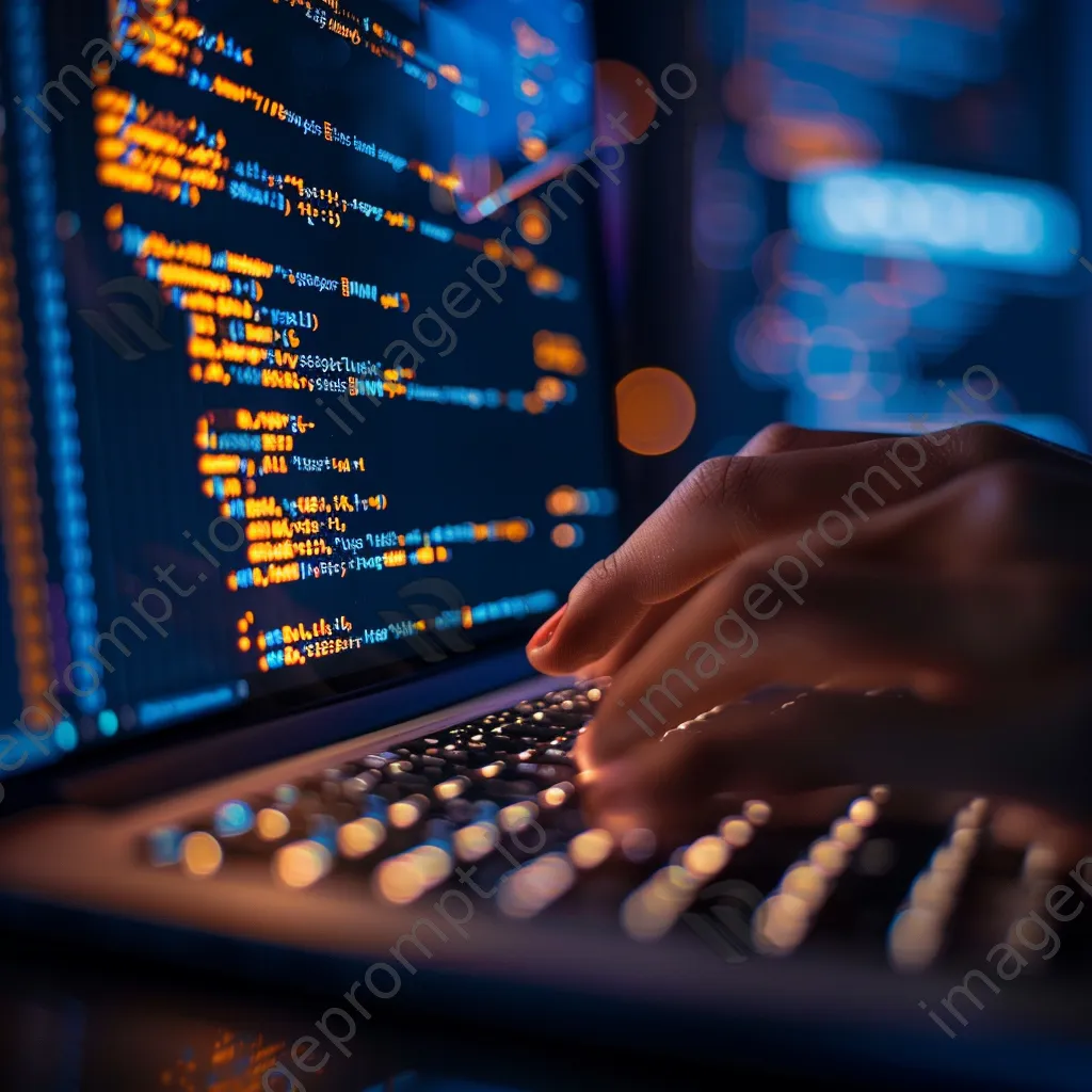 Close-up of a hand typing on a laptop keyboard with code displayed on the screen. - Image 1