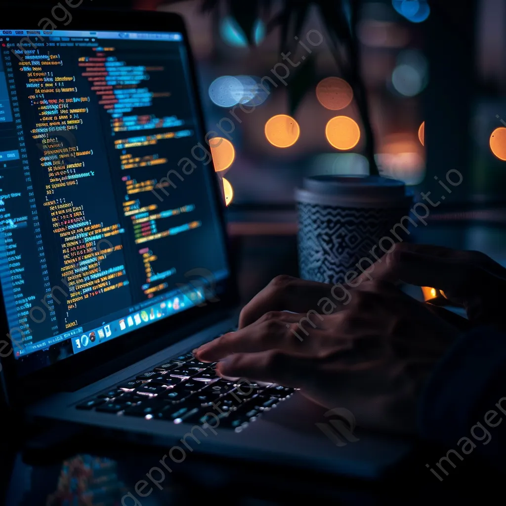 Close-up of a hand typing on a laptop keyboard with code displayed on the screen. - Image 2