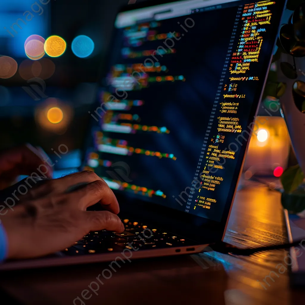 Close-up of a hand typing on a laptop keyboard with code displayed on the screen. - Image 3