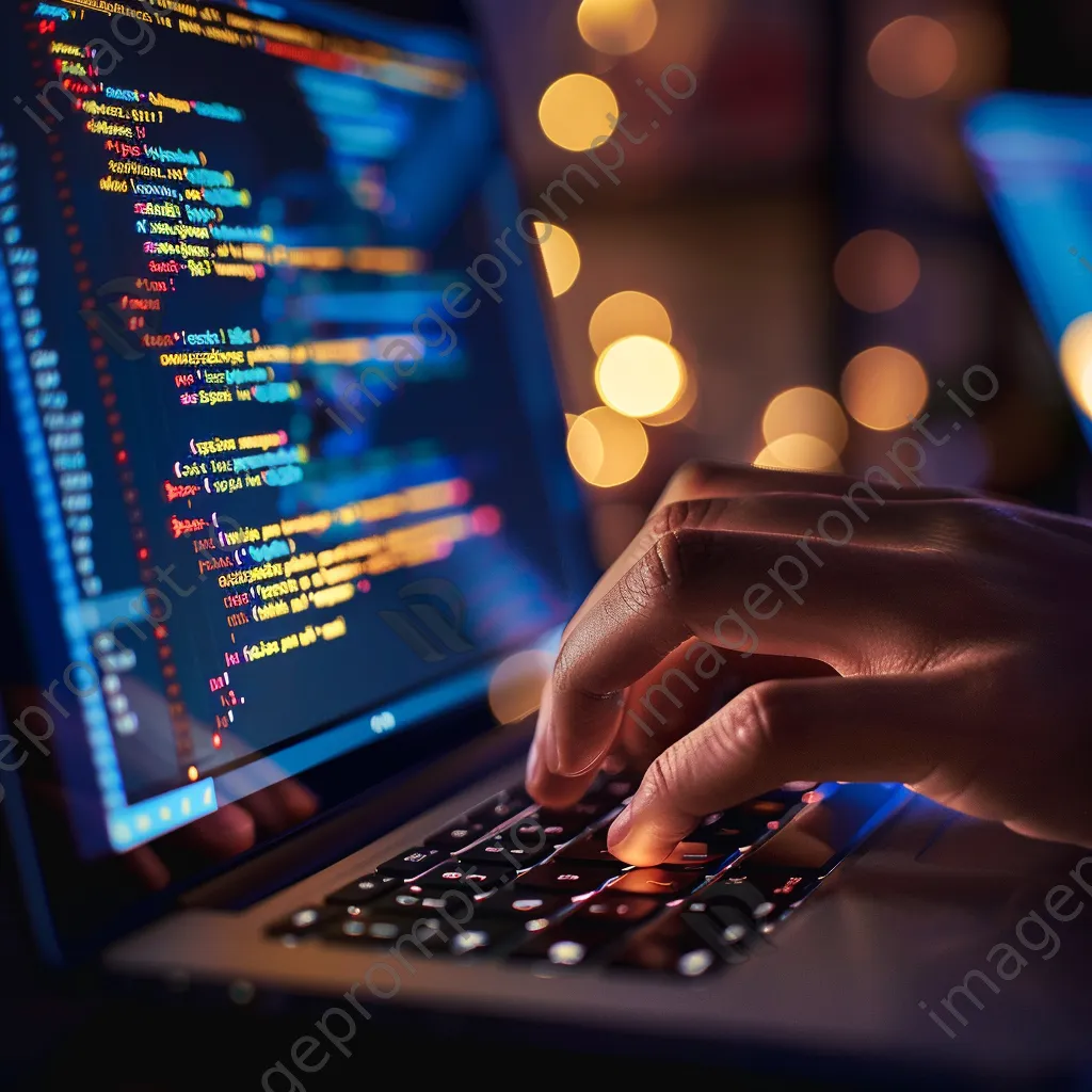 Close-up of a hand typing on a laptop keyboard with code displayed on the screen. - Image 4