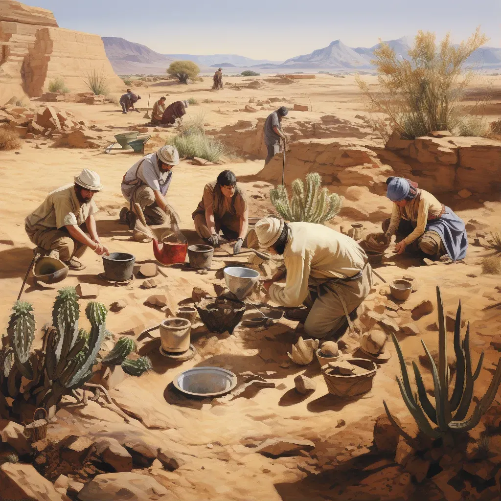 Team uncovering artifacts in desert excavation site - Image 1