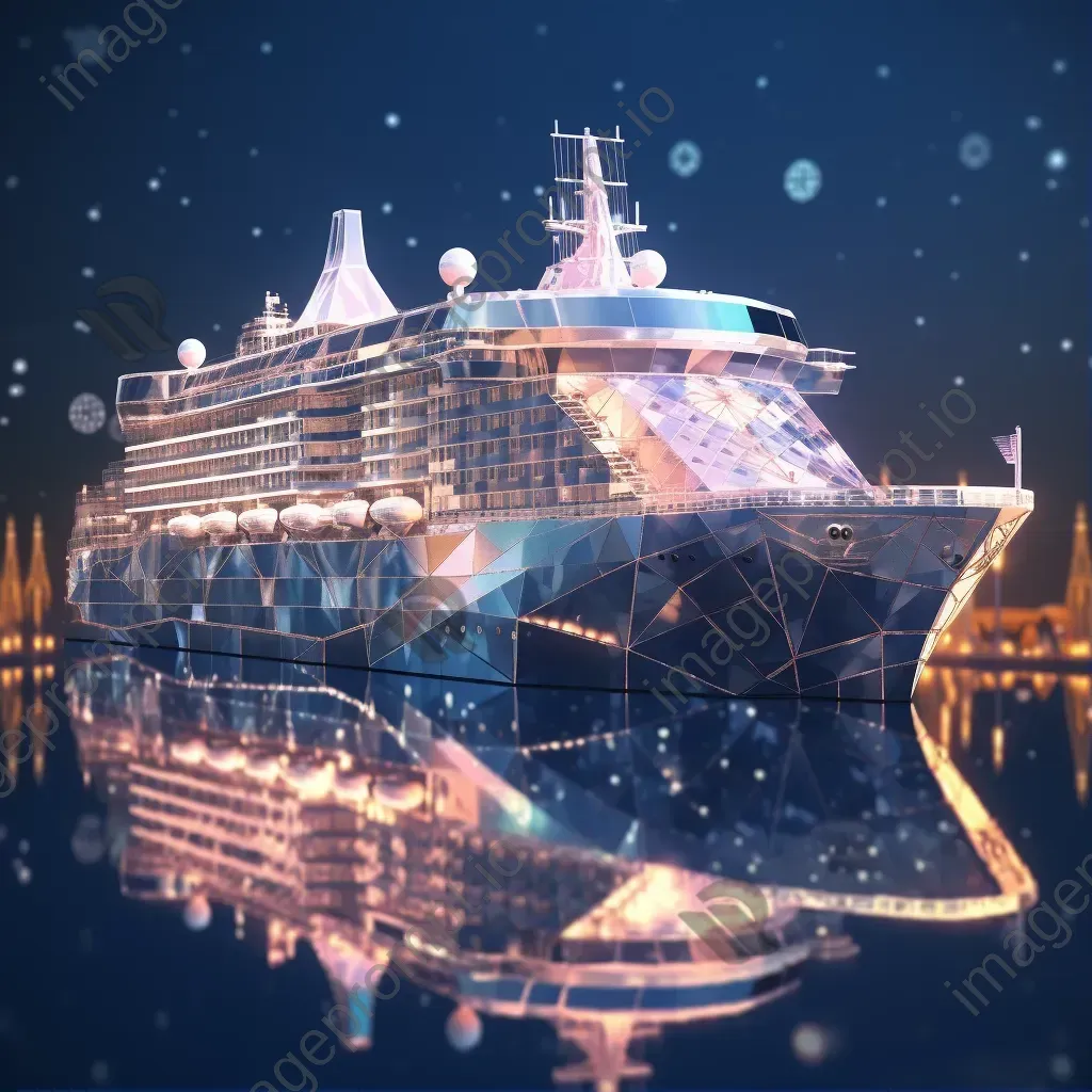 Luxury cruise ship at twilight in low poly style with lights reflecting on water - Image 1