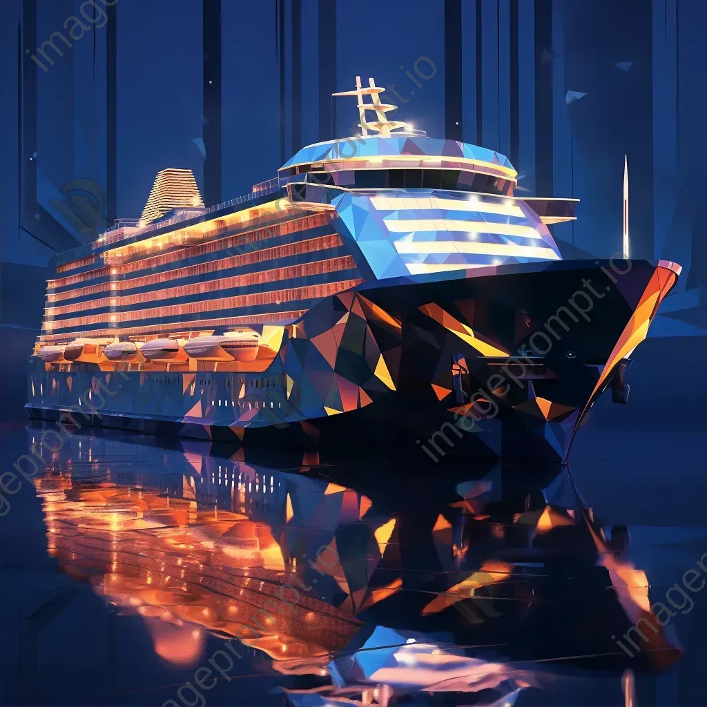 Luxury cruise ship at twilight in low poly style with lights reflecting on water - Image 2