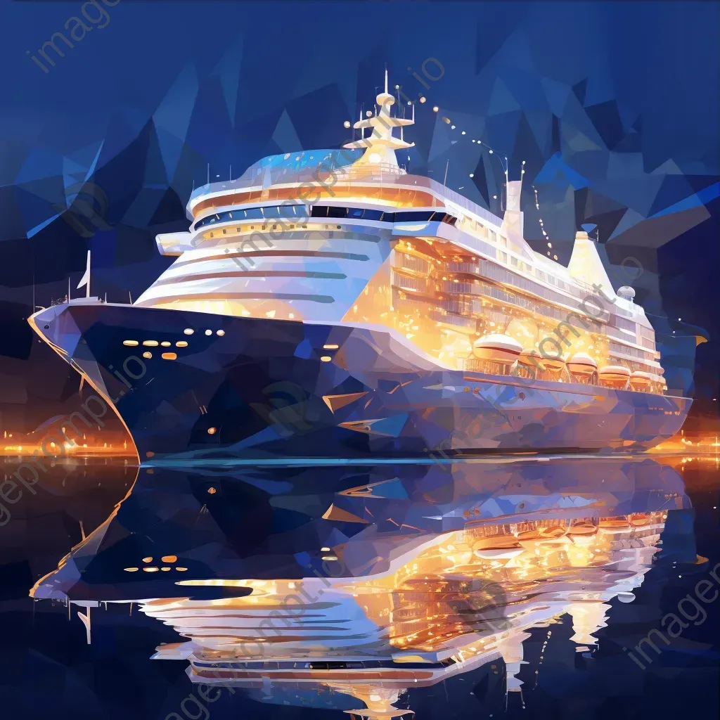 Luxury cruise ship at twilight in low poly style with lights reflecting on water - Image 3