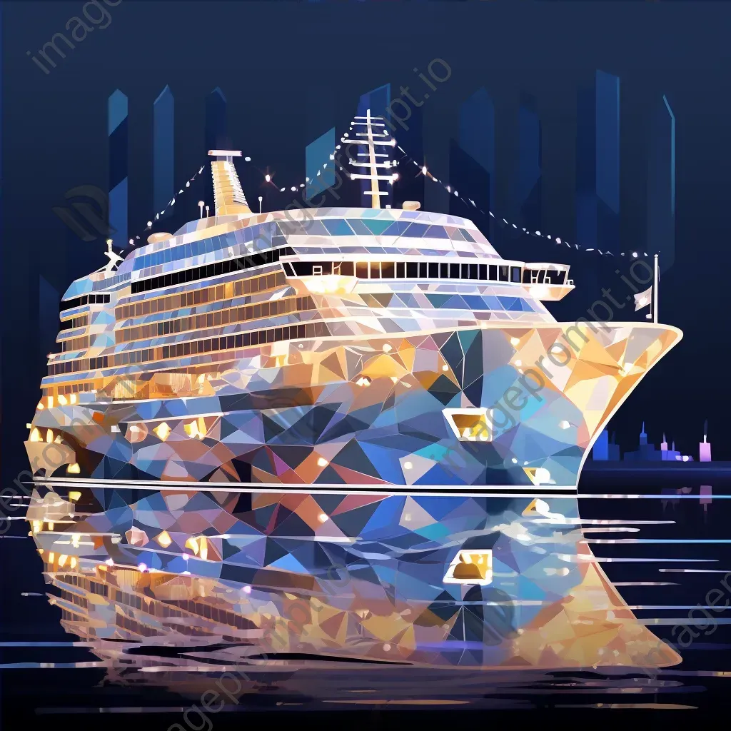 Luxury cruise ship at twilight in low poly style with lights reflecting on water - Image 4