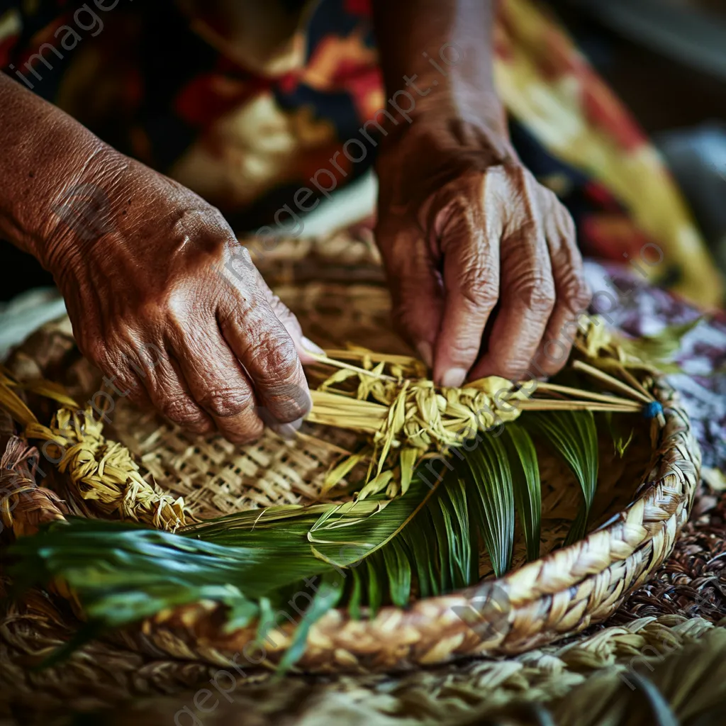 Hands weaving a palm leaf basket close-up - Image 1