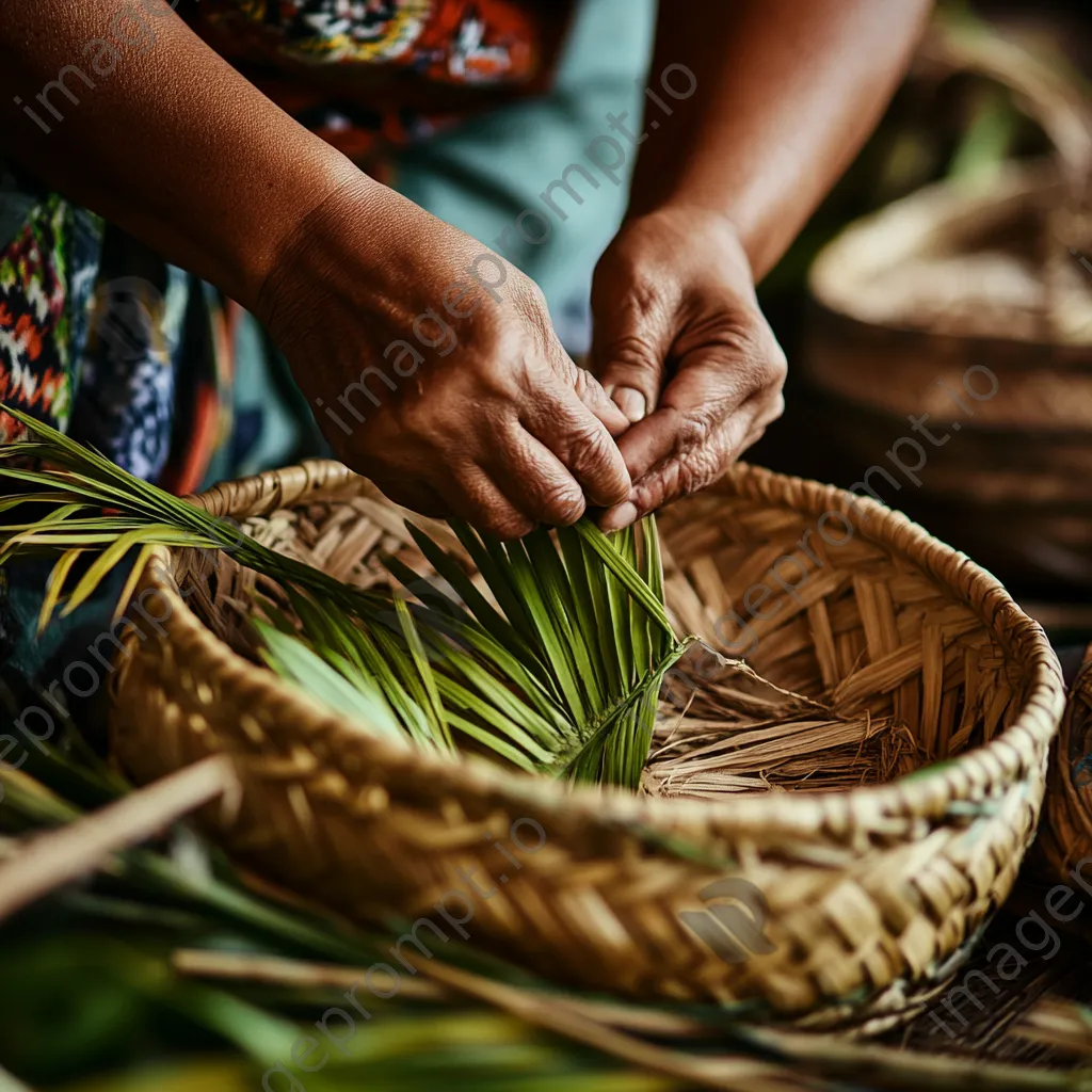 Hands weaving a palm leaf basket close-up - Image 2