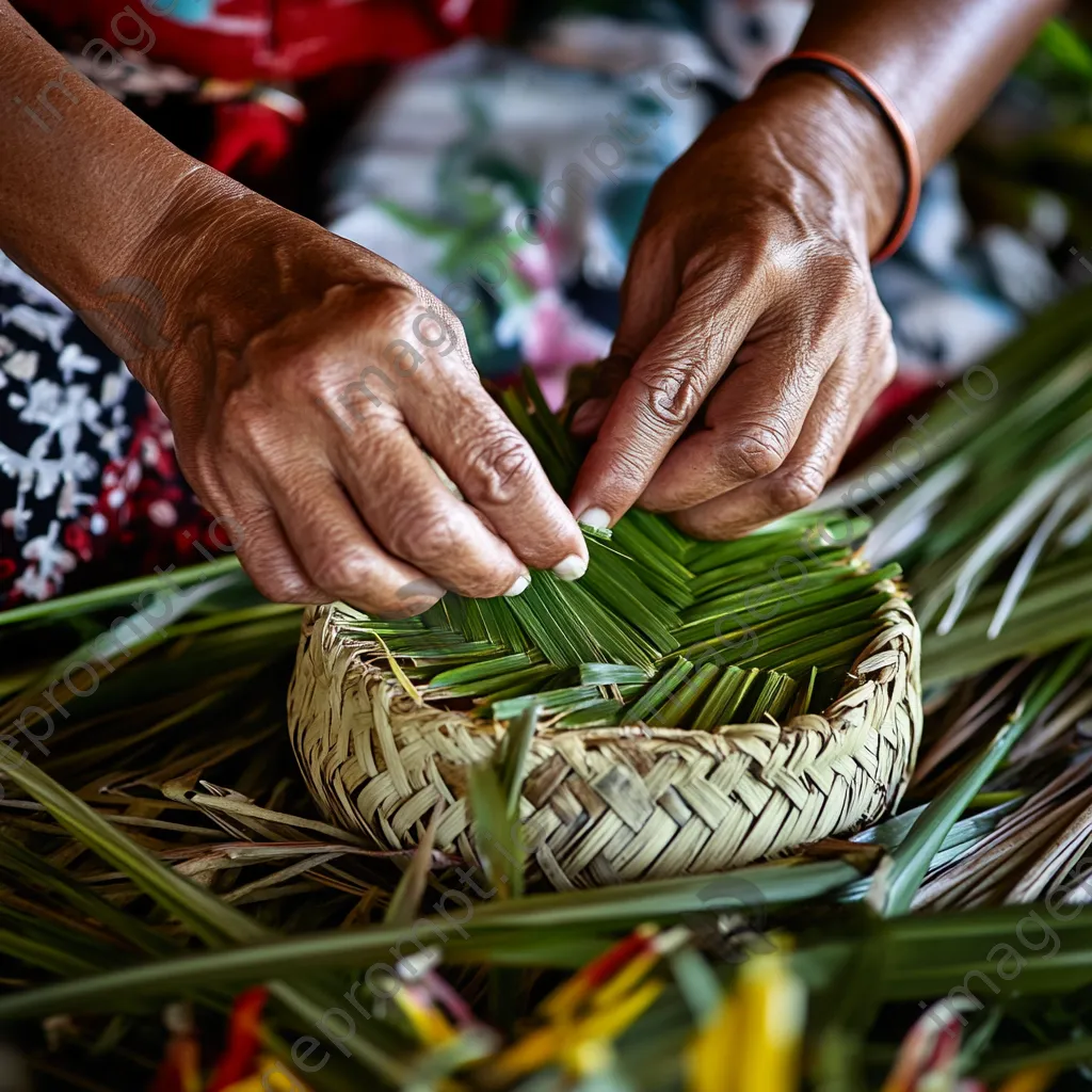 Hands weaving a palm leaf basket close-up - Image 4