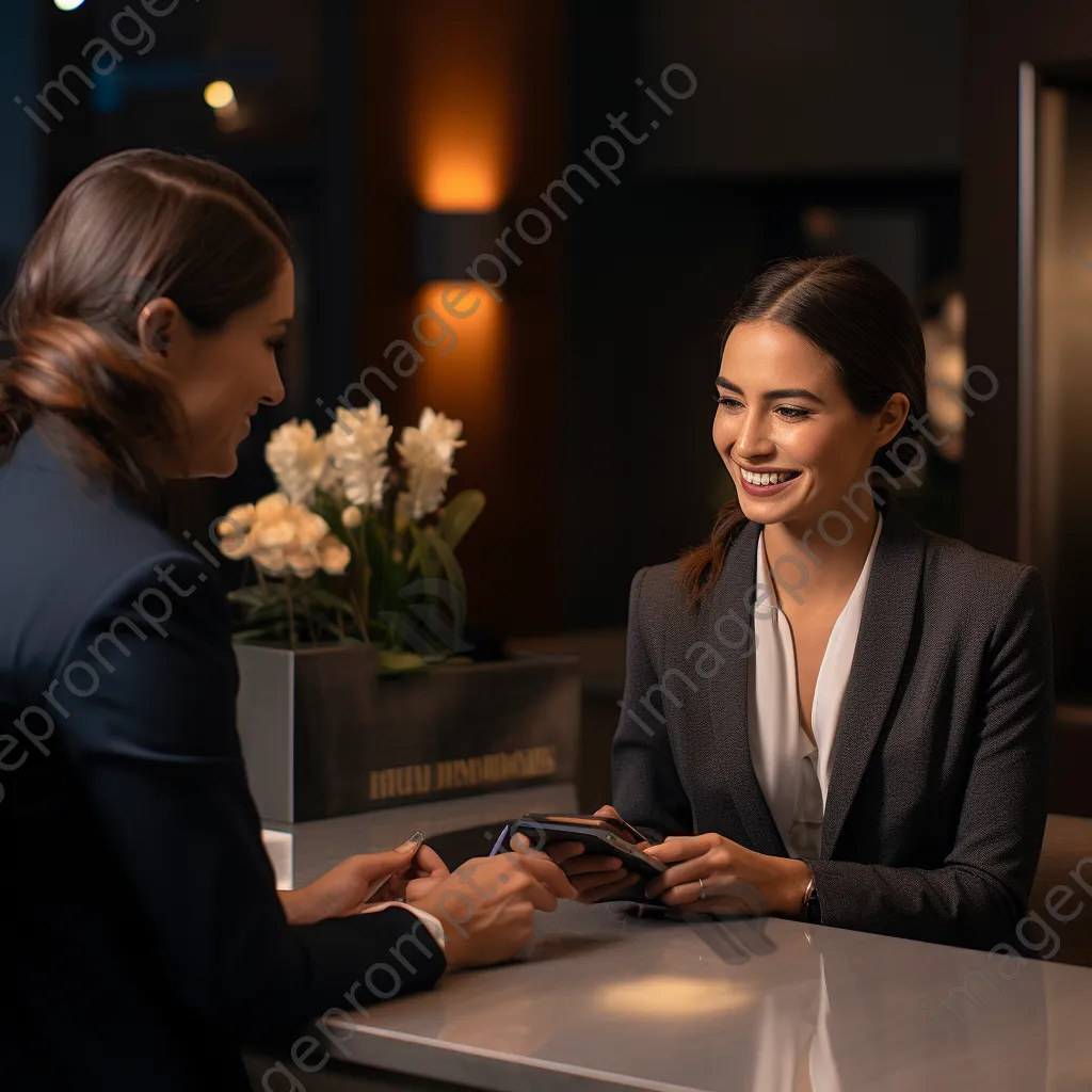 Bank teller assisting customer at a modern counter - Image 4