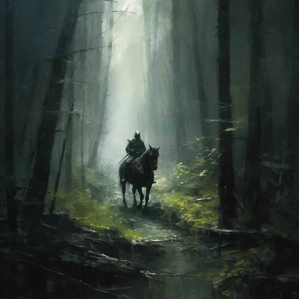 Knight on horseback in a dense and mysterious forest - Image 1