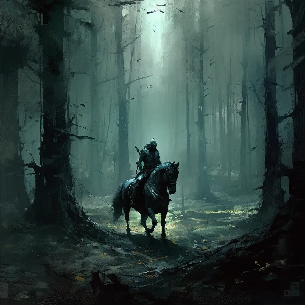 Knight on horseback in a dense and mysterious forest - Image 2